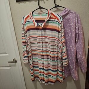 Woman Within Plus Size 4X Striped Floral Print Button Down Shirts Women Lot of 2